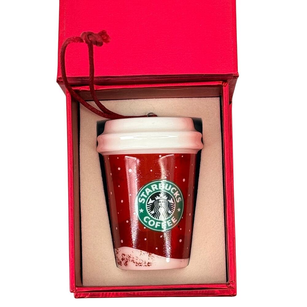 Starbucks Red Cup Tumbler Gift Giving Snow Christmas Ornament Boxed 2017